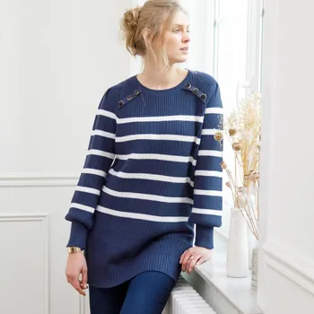 Pruhovaný tunikový pulovr s ozdobnými knoflíky nám. modrá/režná 54