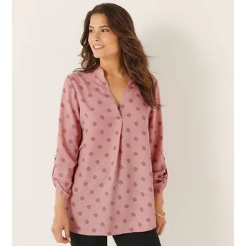 Dámská halenka Dlouhá krepová halenka s potiskem puntíků růžová/hnědošedá 36