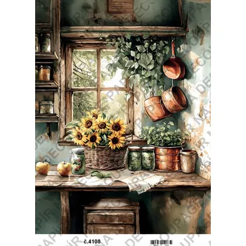 Umělecký papír Rýžový a soft papír na decoupage - Kuchyně okno slunečnice - KB04108 Materiál: Soft, Rozměr: A4