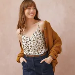 Top s výstřihem do V a potiskem zvířecí srsti béžová/čokoládová 42