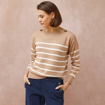 Dámský svetr Pulovr s lodičkovým výstřihem, pruhovaný béžový melír/režná 42/44