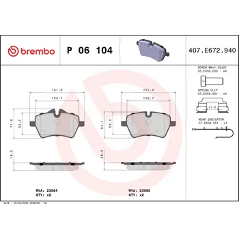 Brzdová destička Sada brzdových destiček, kotoučová brzda BREMBO P 06 104