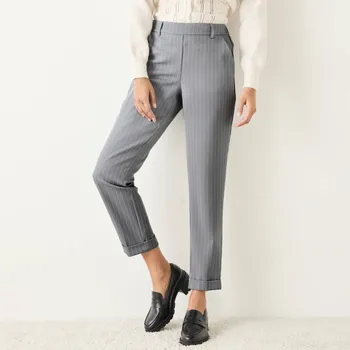 Dámské kalhoty 7/8 úzké pruhované kalhoty šedá/bílá 46