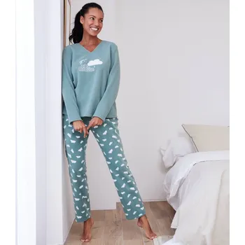 Dámské oblečení Pyžamo s kalhotami z mikrofleecu s motivem obláčků khaki 50