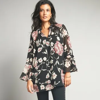 Dámské tričko Tunika s rozšířenými rukávy a potiskem černá/béžová 38