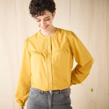 Dámská halenka Halenka s dlouhými rukávy, jednobarevná s háčkovanými detaily medová 38