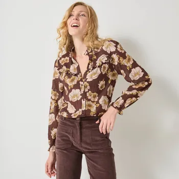 Dámská halenka Volánová halenka s potiskem květin čokoládová 48