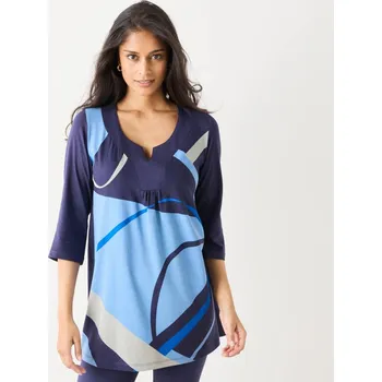 Dámské tričko Tunika s ozdobným výstřihem a 3/4 rukávy, grafický potisk nám. modrá/modrá 34/36