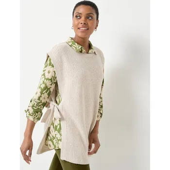 Dámská vesta Dlouhá vesta z hladkého úpletu s vázačkami na bocích, mohérová na dotek béžový melír 38/40