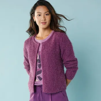 Dámský svetr Krátký kardigan pro malou postavu, z úpletu s chlupem purpurová 38/40