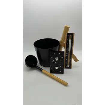 Saunový set – hliníkové vědro černé + naběračka + teploměr + vlhkoměr + přesýpací hodiny