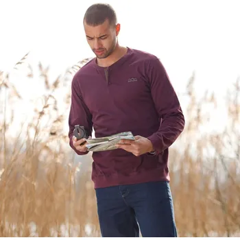 Pánské tričko Sada 2 triček Henley s dlouhými rukávy vínová+khaki 127/136 (3XL)