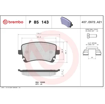 Brzdová destička Sada brzdových destiček, kotoučová brzda BREMBO P 85 143