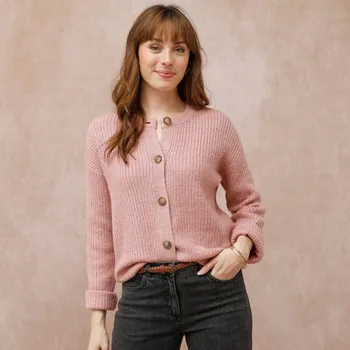 Dámská móda Propínací svetr z hladkého úpletu růžový melír 38/40