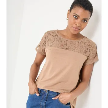 Dámské tričko Tričko s krátkými rukávy a krajkou oříškový melír 46/48