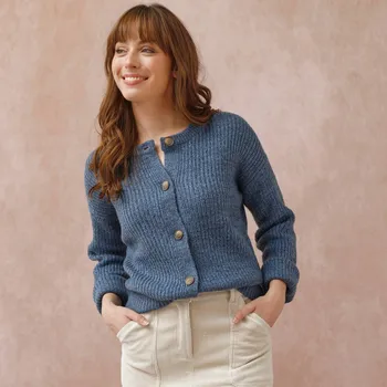 Dámská móda Propínací svetr z hladkého úpletu modrý melír 38/40