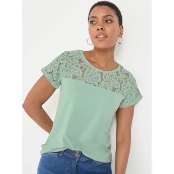 Tričko s krátkými rukávy a krajkou zelenkavá 52