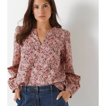 Dámská móda Bavlněná halenka s potiskem a rozparkem ve výstřihu růžové dřevo/režná 46