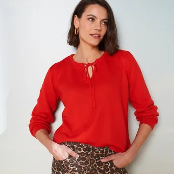 Dámský svetr Pulovr se šňůrkou na zavázání ve výstřihu červená 38/40