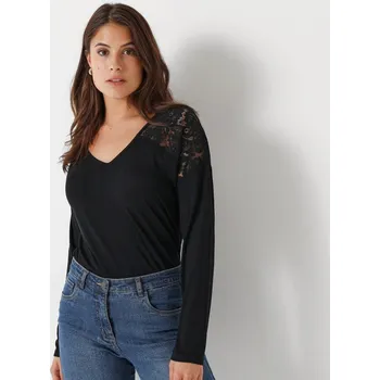 Tričko s výstřihem do V a dlouhými rukávy s krajkou černá 50