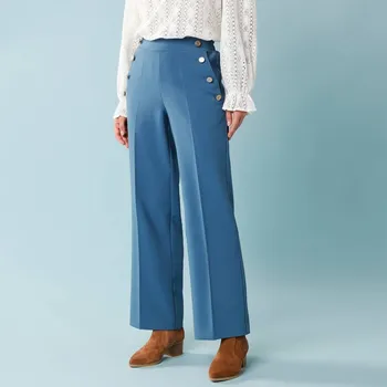 Dámské kalhoty Široké kalhoty s vysoký pasem a ozdobnými knoflíky, pro malou postavu modrá 48