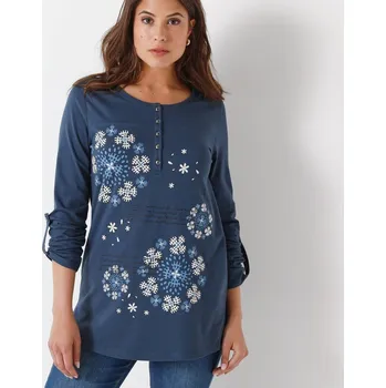 Tunika s výstřihem na knoflíčky a potiskem modrošedá 56