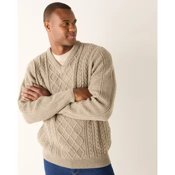 Pánský svetr Irský pulovr s výstřihem do V hnědošedý melír 87/96 (M)