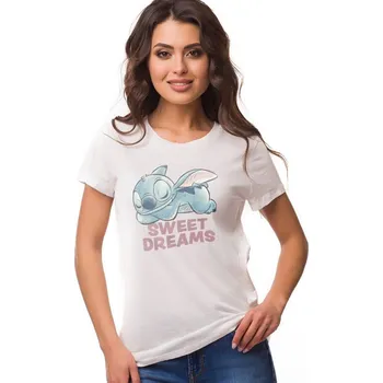 Dámské tričko Tričko se středovým potiskem Stitch Sweet dreams a krátkými rukávy bílá 34/36