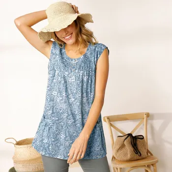 Tunika s výstřihem na knoflíčky a minimalistickým potiskem modrošedá/bílá 36