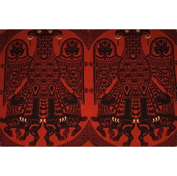 Byzantské hedvábí s dvouhlavým orlem svírajícím lvy, ruční tisk, červené, sartor.cz