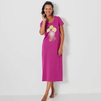 Dámská móda Dlouhá noční košile s motivem rozet a krátkými rukávy purpurová 56