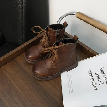 Chlapecká zimní obuv Kožené dětské kotníkové boty se zipem Velikost: 35, Barva (Varianta): Hnědá