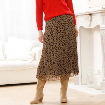 Dámská sukně Plisovaná midi sukně s leopardím potiskem hnědošedá/černá 54