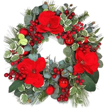 Vánoční dekorace Goba 3001214 Věnec červené květy 56 cm