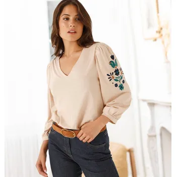 Dámské tričko Tričko s výstřihem do V a 7/8 rukávy s výšivkou béžová/modrá 42/44