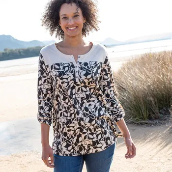 Dámské tričko Tunika s knoflíčkovou légou a potiskem béžová/černá 34/36