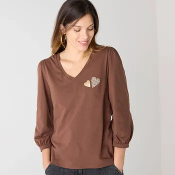 Dámské tričko Tričko s výstřihem do V a potiskem srdíček čokoládová 50