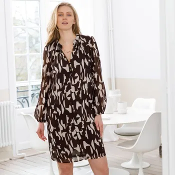 Dámské šaty Rozšířené šaty s potiskem čokoládová/režná 40