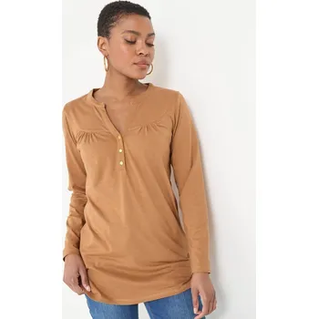 Dámské tričko Jednobarevná tunika s dlouhými rukávy karamelová 38/40