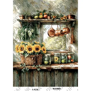Umělecký papír Rýžový a soft papír na decoupage - Kuchyně okno slunečnice - KB04114 Materiál: Soft, Rozměr: A4
