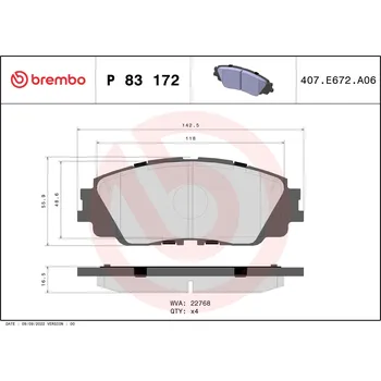 Brzdová destička Sada brzdových destiček, kotoučová brzda BREMBO P 83 172