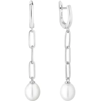Náušnice ANNA PERLY Módní stříbrné dlouhé visací náušnice s atraktivním řetízkem s oky zakončené pravou bílou perlou