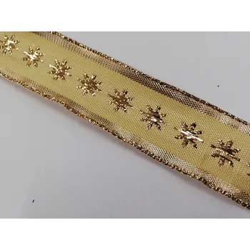 Stuha Látková stuha s drátkem 25mm - žlutá se zlatými okraji a hvězdami - od 1m