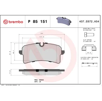 Brzdová destička Sada brzdových destiček, kotoučová brzda BREMBO P 85 151