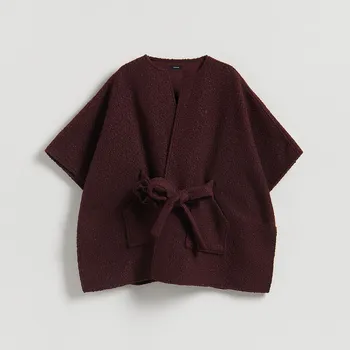 Dámský kabát Reserved - Pončo s páskem - bordó - 666FD-53X - 666FD-53X-ONE