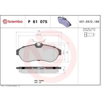 Brzdová destička Sada brzdových destiček, kotoučová brzda BREMBO P 61 075X