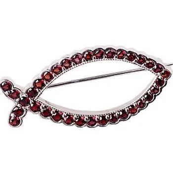 Brož granát - stříbrná brož - ryba (5623) povrchová úprava: rhodiované