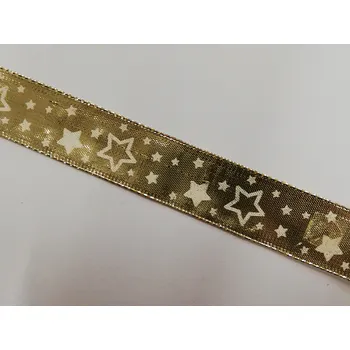 Stuha Acetátová lesklá stuha zlatá s hvězdami 25mm - od 1m
