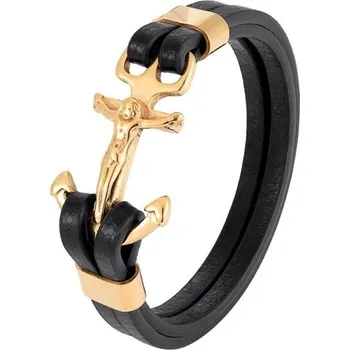 Náramek Pánský kožený náramek kotva zlatá 23 cm