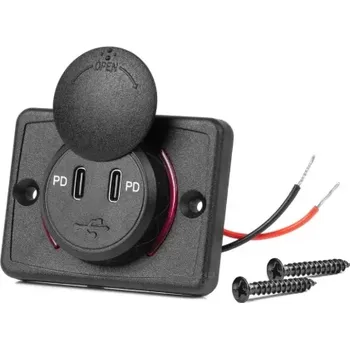 AMIO Nabíječka do auta 2x USB-C čtvercová s červeným LED podsvícením 12/24V vodotěsná